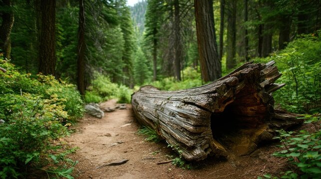 Fallen log on forest trail sunny day