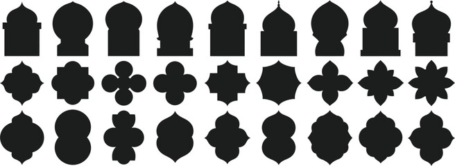 Set of various black architectural dome and geometric Moroccan style silhouettes vector illustration icons for labels pattern and frame designs. © ALEX BIN