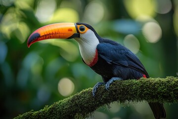 Fototapeta premium Vibrant toucan with large orange bill perched on a moss-covered branch in a lush green forest, looking alert and curious