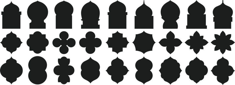Set of various black architectural dome and geometric Moroccan style silhouettes vector illustration icons for labels pattern and frame designs.