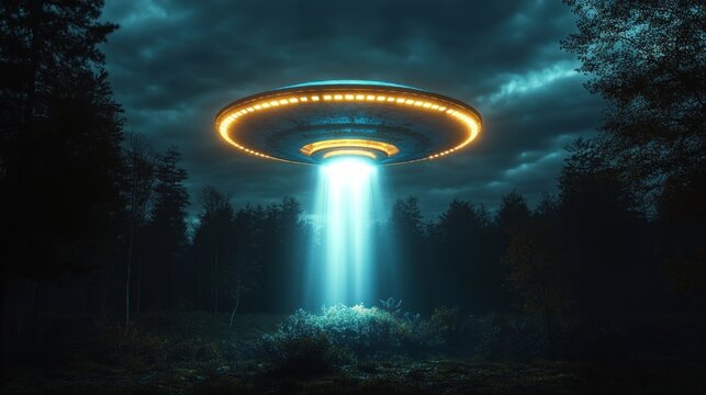 Eerie glowing disc-shaped spacecraft hovering above a dark pine forest, casting a powerful blue beam onto a misty clearing beneath stormy clouds
