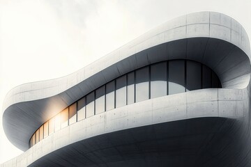 Fototapeta premium two-tier curved concrete building with sweeping ribbon balconies and long horizontal glass windows under a pale sky, sleek futuristic and serene