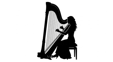 Silhouette of a female harpist playing a classical harp instrument isolated on white background. © Lapak orang bejo