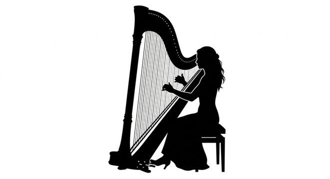 Silhouette of a female harpist playing a classical harp instrument isolated on white background.