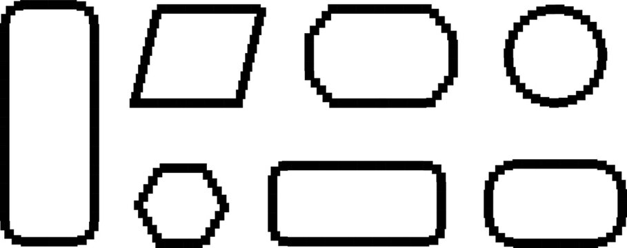 Pixel text boxes. Empty pixelated frame collection. Retro 8 bit border speech chat bubble, shape pack, message, talk balloon. Vector illustration