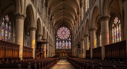Grand Gothic Cathedral Interior with Rose Window and Stained Glass.