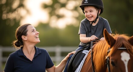 Happy young boy enjoys horseback riding lesson with instructor outdoors.