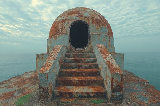 Rusty structure on cliff edge.