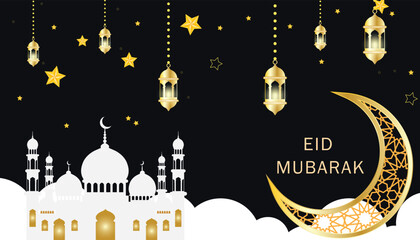 Elegant Eid Mubarak Vector Illustration with Gold Lanterns and White Mosque
