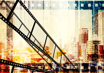 Horizontal retro banner with film reel and urban scene. Vintage retro backdrop with paper texture...