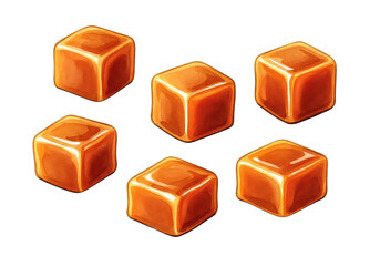 Fototapeta premium Six Glossy Caramel Candies Scattered, Sweet Confectionery Treat isolated on transparent background