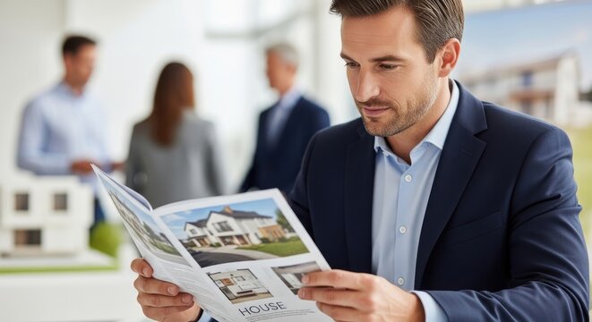 A man in a navy blue suit is intently reading a brochure featuring images of houses. He is seated at a desk, and in the blurred background, other people are visible, including a woman and a man.