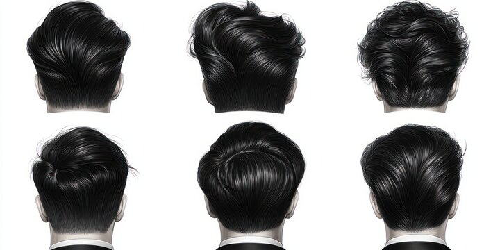 six illustrated back-of-head views of short glossy black hairstyles showing sleek, textured, and tousled modern looks conveying stylish confidence and polished grooming