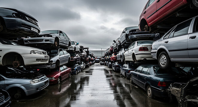 Multiple cars stacked on multi-level parking racks in a large outdoor lot on a rainy cloudy day from a low angle view