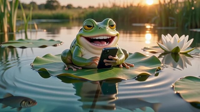 A toad sits on a lily leaf and watches chats on a smartphone