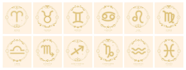 Set of magic witchcraft astrology zodiac signs with decorative floral frames. Vector illustration © annbozhko