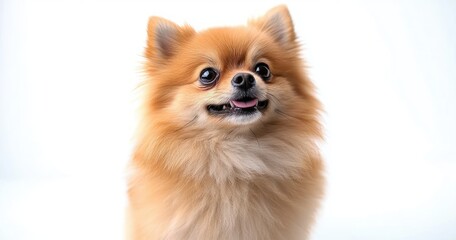 Obraz premium Fluffy tan pomeranian dog with bright expressive eyes and tongue out, cheerful alert expression on white background