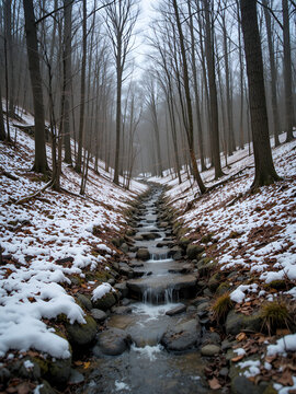 Small creek and walking trail in the forest with unmelted snow in winter.
