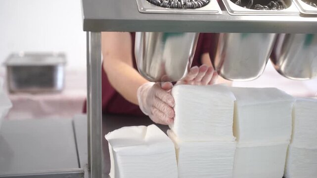 A waiter lays out a large number of white napkins in the school cafeteria
