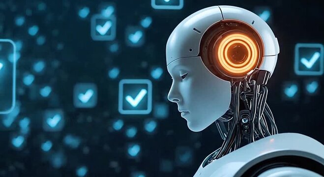 A futuristic robot with glowing orange eye validates data on a digital interface with checkmarks in a dark blue background scene.
