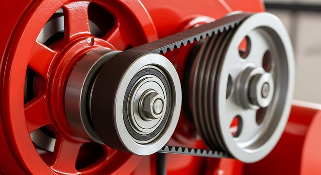 Close-up view of a red mechanical system with pulleys and a belt, showcasing industrial machinery components in a factory setting