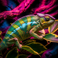 Colorful chameleon with textured skin perching on green leaves on transparent background. on transparent background