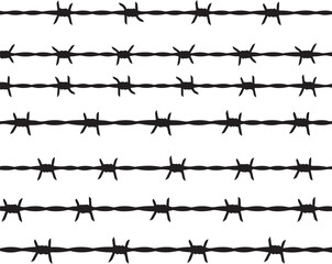 Seamless pattern of black barbed wire against a white background fence security protection barrier