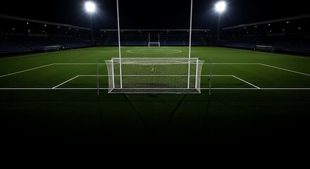 Fototapeta premium Illuminated Gaelic Football Pitch at Night with Goalposts and Floodlights.