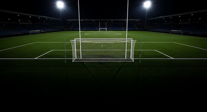 Illuminated Gaelic Football Pitch at Night with Goalposts and Floodlights.