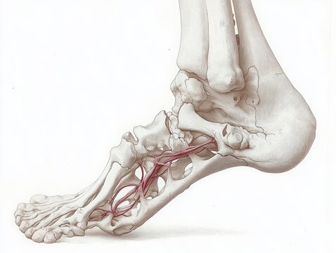 Anatomical study of a human foot skeleton with exposed red blood vessels and ankle bones, rendered with calm clinical precision