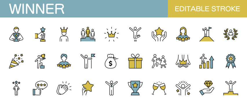 勝者・受賞・成功・優勝に関するラインアイコンセット（線幅変更可能・カラー）