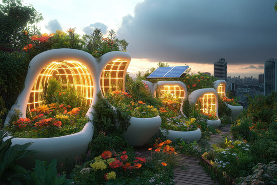 Blooming flowers in rooftop garden.