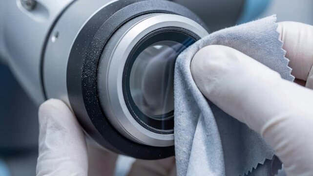 Gloved technician cleans optical lens with microfiber glove for precision robotics maintenance and business administration ensuring sterile optical