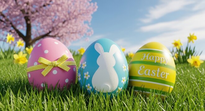 Three colorful Easter eggs on a grassy lawn with a blooming tree in the background.