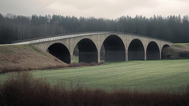 Concrete arched viaduct spanning a green field with bare trees under a cloudy sky, quiet moody and serene atmosphere