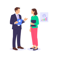 Client Meeting, Discussing property requirements and investment plans, Flat vector character illustration