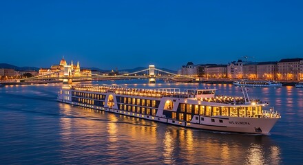 Obraz premium Illuminated River Cruise Ship Navigates Danube River at Dusk in Budapest.
