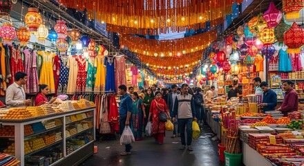 Fototapeta premium Vibrant Indian Market Scene with Colorful Lanterns and Shoppers.