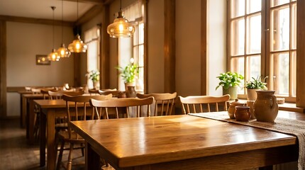 Warm and Inviting Empty Restaurant Interior with Wooden Tables, Chairs, and Sunny Windows
