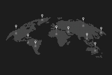 World map with location pins and connection lines representing global logistics and tracking. Flat vector illustration of international shipping, supply chain, and global trade. © Me_Studio