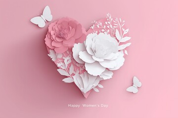 3D paper-cut heart with white and pink flowers and butterflies for a happy women's day card background template on pastel background.