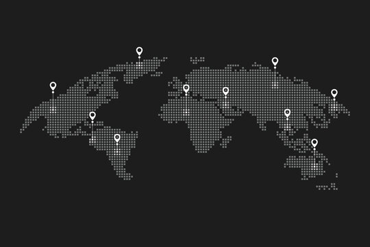 World map with location pins and connection lines representing global logistics and tracking. Flat vector illustration of international shipping, supply chain, and global trade.