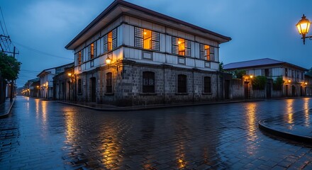 Historic Colonial Building on a Rainy Evening with Reflections.