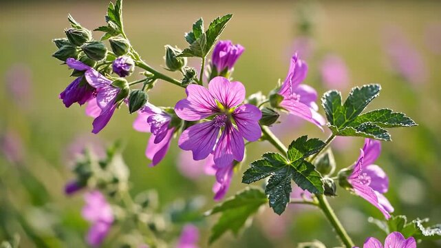 Closeup of delicate purple mallow flowers blooming in a sunlit meadow with a soft bokeh background.