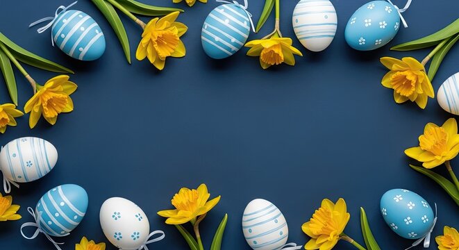 A blue and white Easter egg frame with yellow daffodils on a dark blue background.