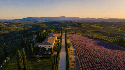 Obraz premium Aerial view of a Tuscan villa with lavender fields and vineyards at sunset