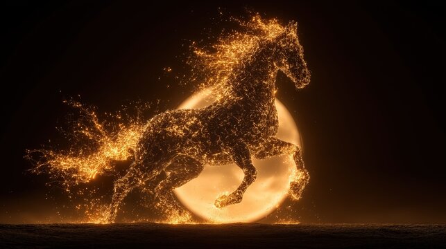 Stunning digital art of a galloping horse made of glowing fire and sparks leaping in front of a giant full moon, mythological stallion of light and flame in the night.