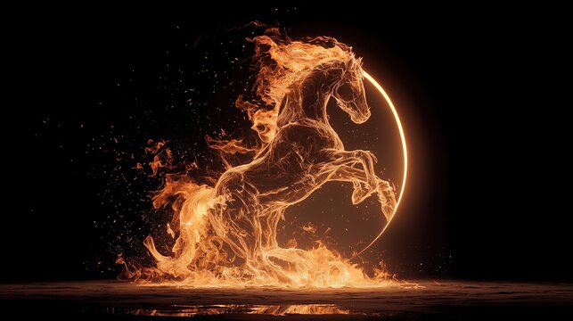 Powerful cinematic image of a rearing horse composed of intense orange flames and swirling smoke against a dark background with a glowing circular halo of fire.