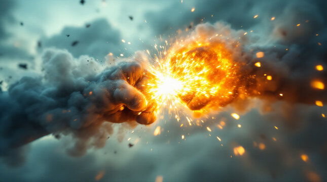 Two powerful fists collide in a fiery explosion, generating intense sparks and smoke against a dramatic, cloudy sky, symbolizing conflict and immense energy.