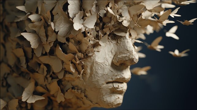 Close-up of Surreal Human Face Portrait Made of Textured Clay and Covered in Swarming White Butterflies Symbolizing Fragility and Natural Rebirth Concept